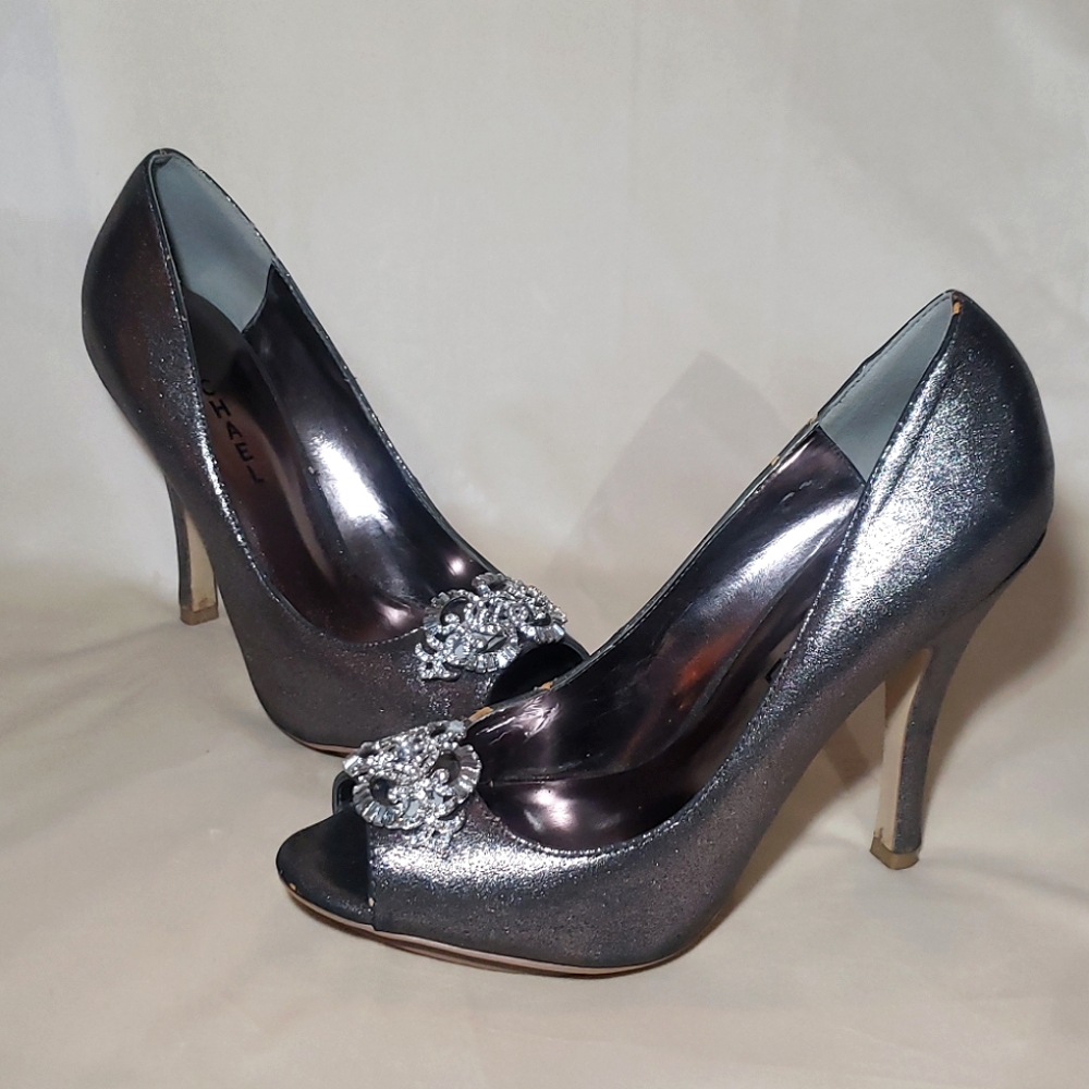 Size 9.5 Michael High Heel Shoes Silver/ Gunstock Shimmery with Embellis…